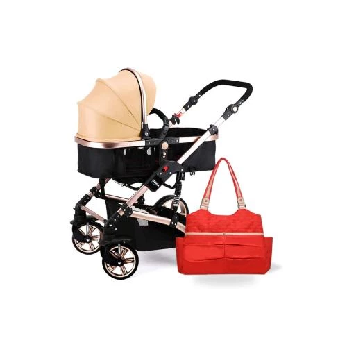 Teknum 3 in 1 Pram Stroller with Sunveno Fashion Diaper Tote Bag -Khaki Organic Linen Baby Travel Combo