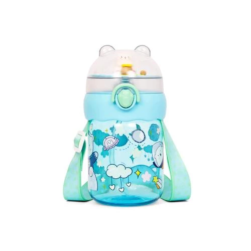 Eazy Kids Water Bottle 580ml with Straw -Green One-Touch Leakproof Bottle with Adjustable Strap by SAMBOX