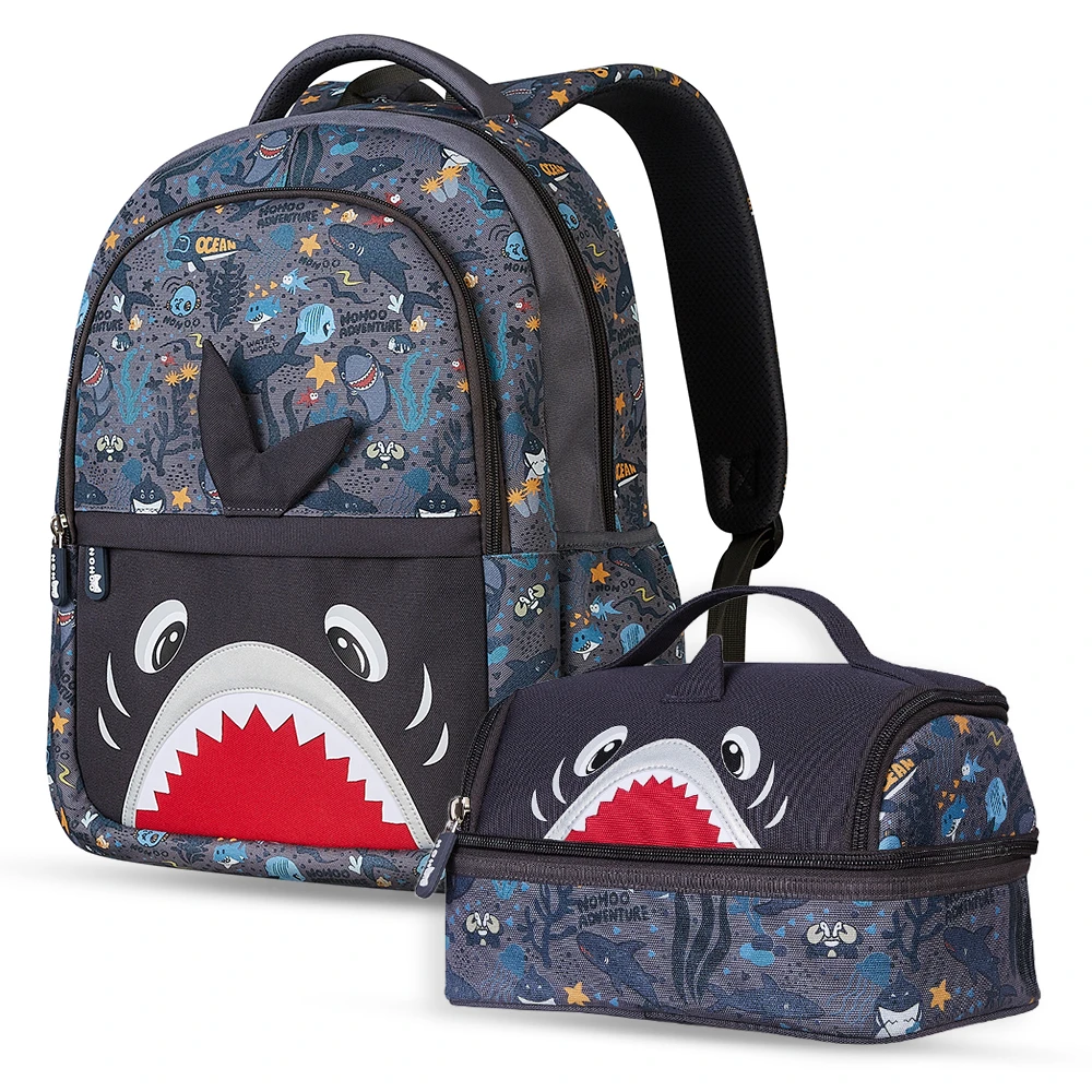 Nohoo Kids 16-Inch School Bag with Lunch Bag Combo - Shark, Grey