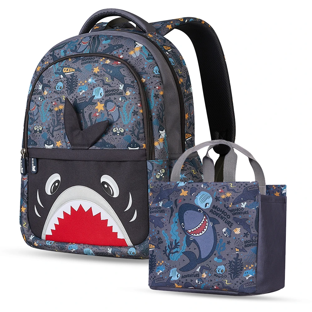 Nohoo Kids 16-Inch School Bag with Handbag Combo - Shark, Grey
