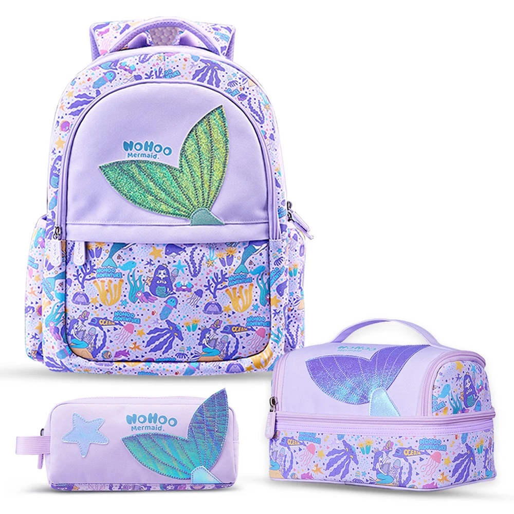 Nohoo Kids 16-Inch School Bag with Lunch Bag and Pencil Case (Set of 3) - Mermaid, Purple