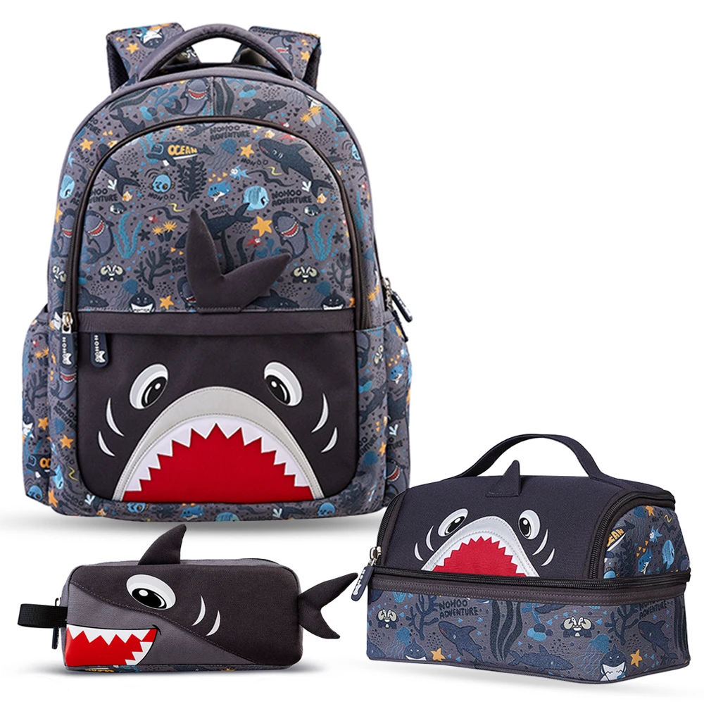 Nohoo Kids 16-Inch School Bag with Lunch Bag and Pencil Case (Set of 3) - Shark, Grey