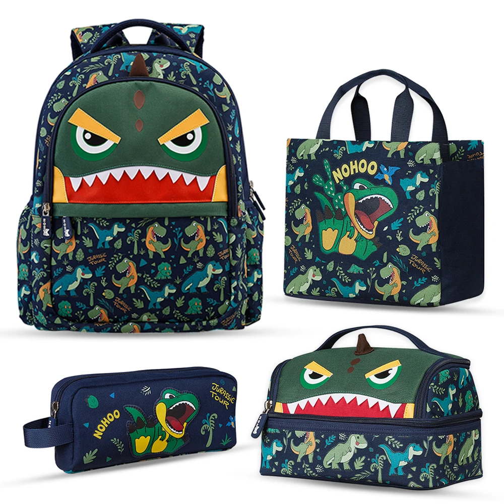 Nohoo Kids 16-Inch School Bag with Lunch Bag, Handbag and Pencil Case (Set of 4) - Dino, Green
