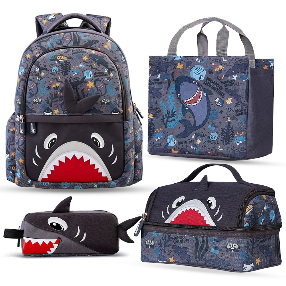 Nohoo Kids 16-Inch School Bag with Lunch Bag, Handbag and Pencil Case (Set of 4) - Shark, Grey