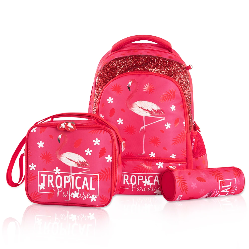 Eazy Kids 17‑Inch Set of 3 School Bag with Lunch Bag and Pencil Case - Tropical, Pink