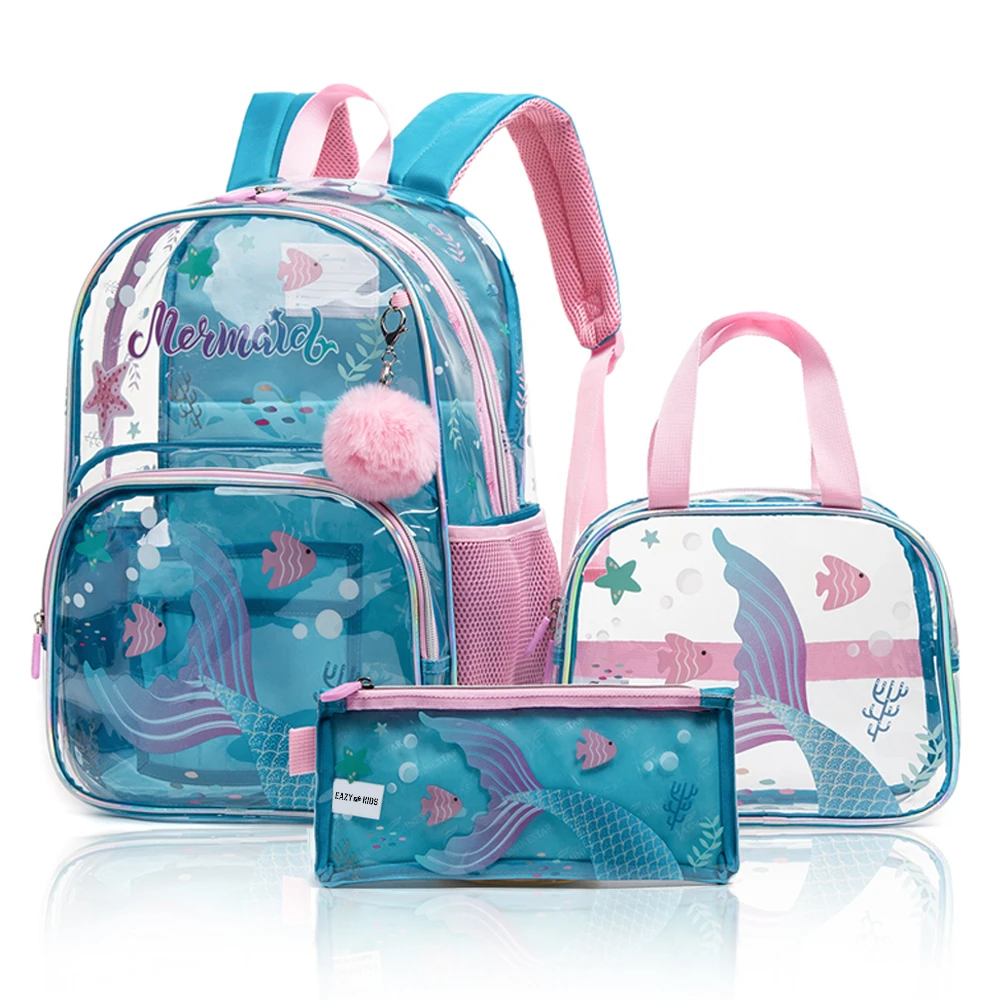 Eazy Kids 17‑Inch Set of 3 School Bag with Lunch Bag and Pencil Case - Mermaid, Blue