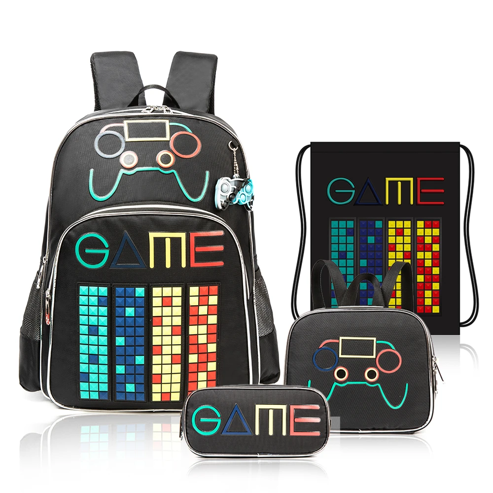 Eazy Kids 17‑Inch Set of 4 School Bag with Lunch Bag, Activity Bag and Pencil Case - Gen Z Gamer, Black