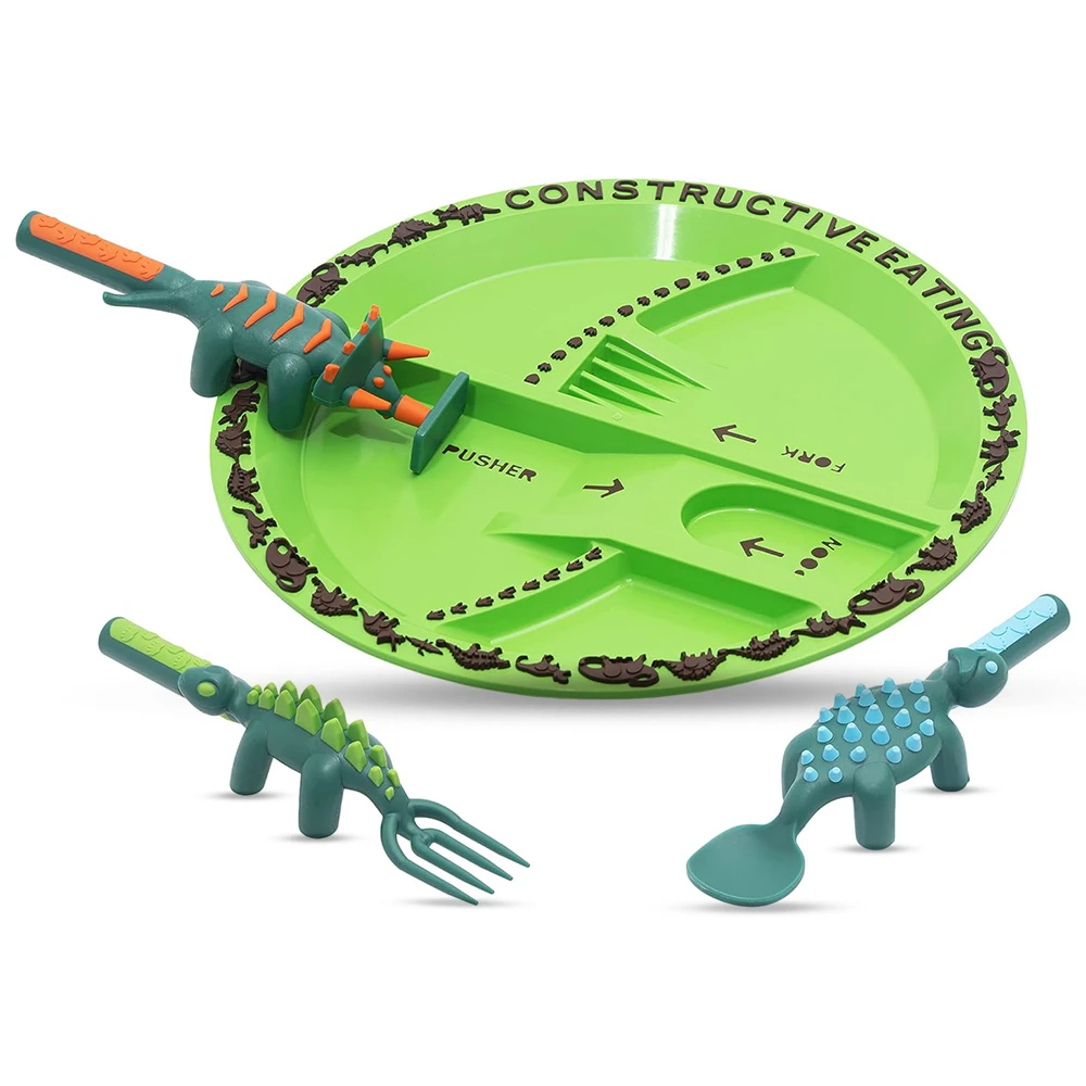 Eazy Kids Eating Plate w/Spoon, Fork & Pusher - Dinosaur