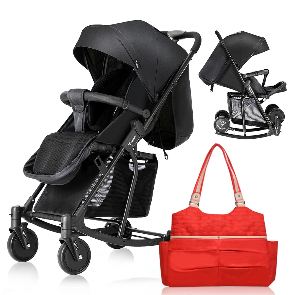 Teknum Stroller with Rocker and Red Diaper Tote Bag - Black