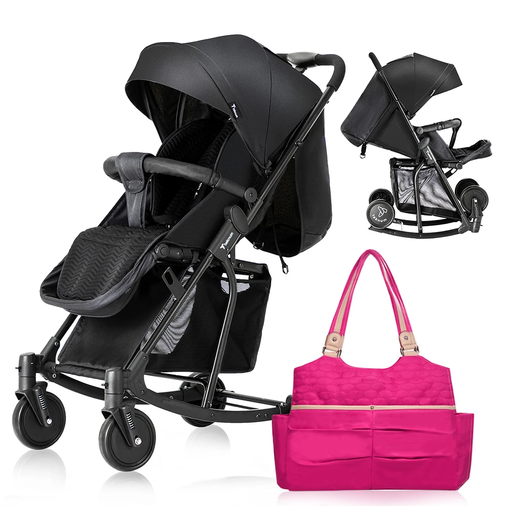 Teknum Stroller with Rocker and Pink Diaper Tote Bag - Black
