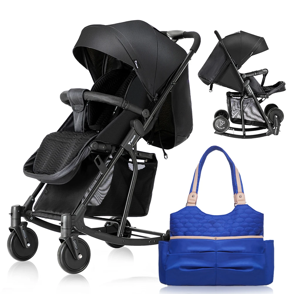 Teknum Stroller with Rocker and Blue Diaper Tote Bag - Black
