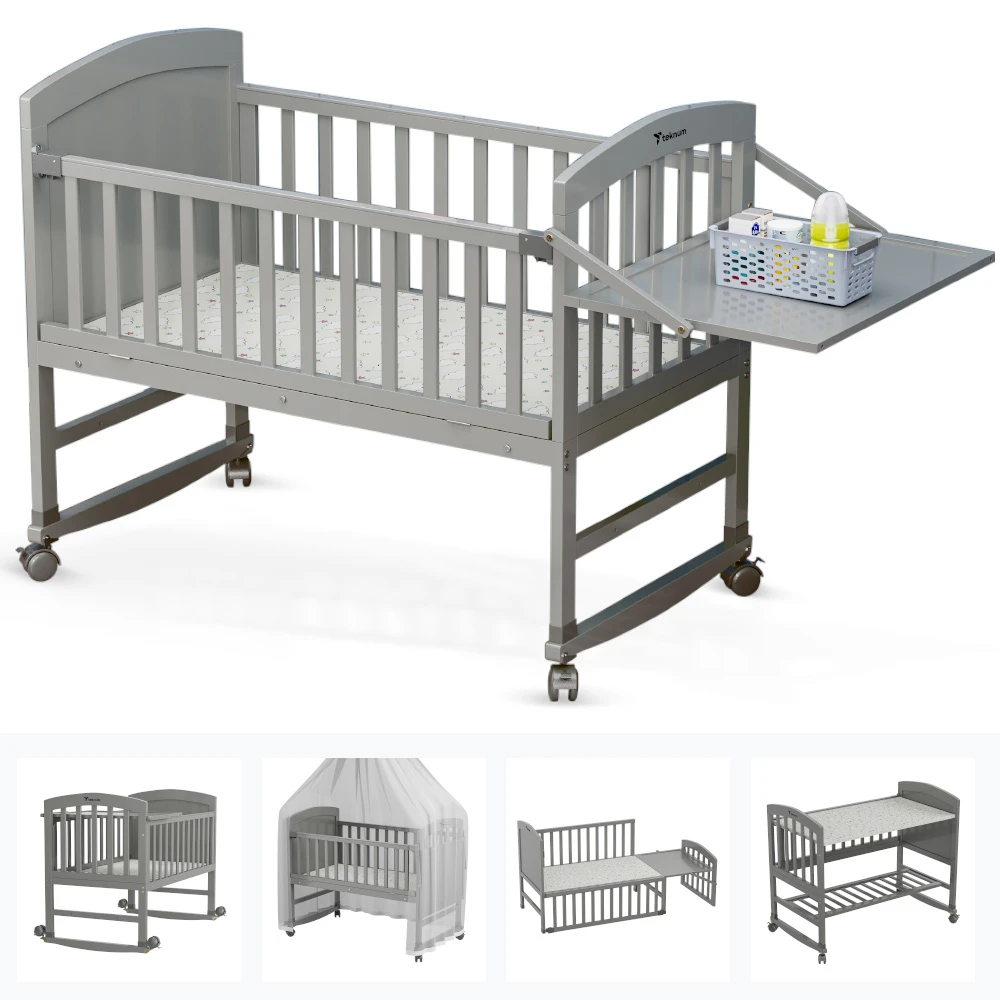 Teknum 7-in-1 Convertible Kids Bed & Bedside Crib with Mattress, Mosquito Net & Detachable Wheels - Grey