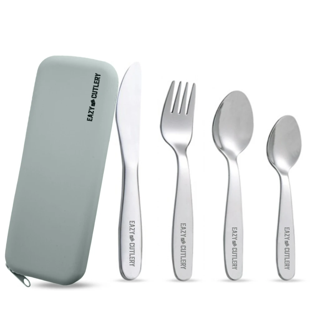 Eazy Kids Set of 4 Cutlery (Spoon, Fork, Knife & Tea Spoon) with Silicon Pouch - Grey