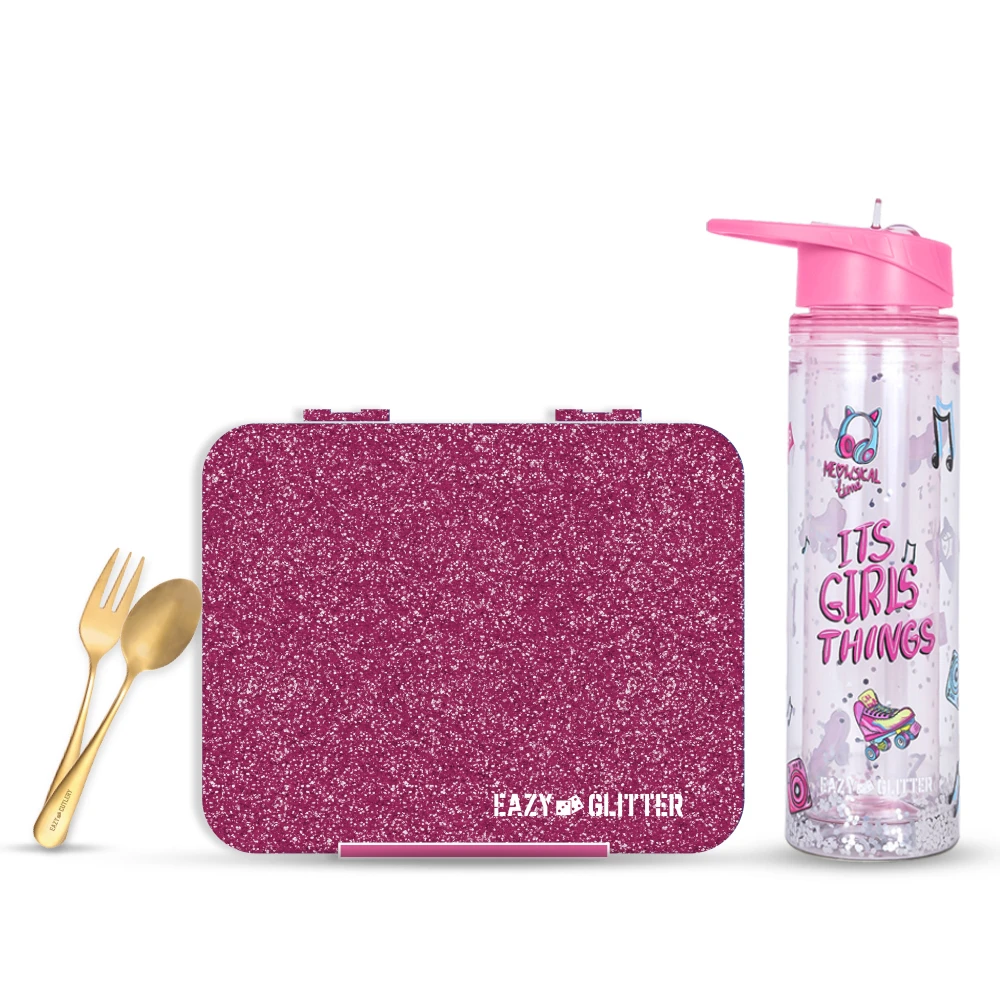 Eazy Kids 6 & 4 Convertible Bento Lunch Box with 550ml Double Wall Water Bottle and Spoon Fork Set - Glitter Pink