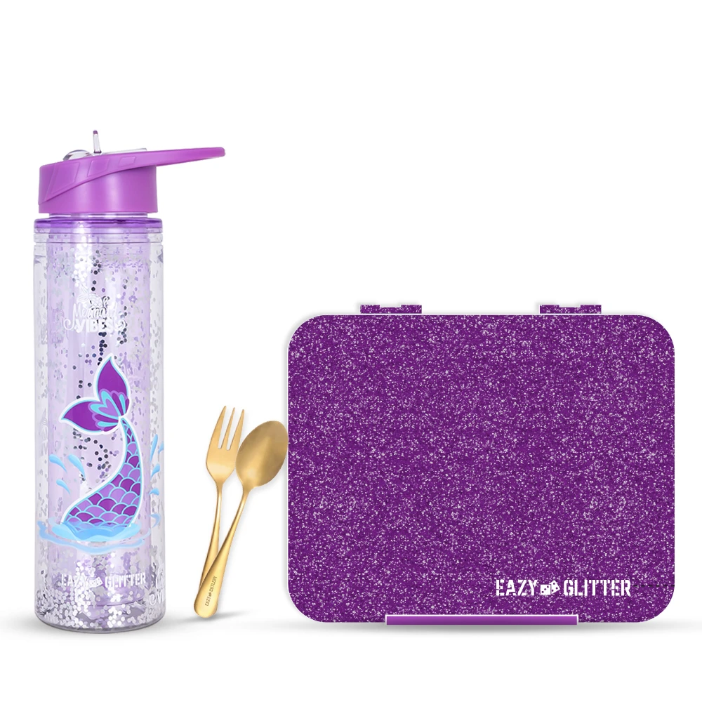 Eazy Kids 6 & 4 Convertible Bento Lunch Box with 550ml Double Wall Water Bottle and Spoon Fork Set - Glitter Purple