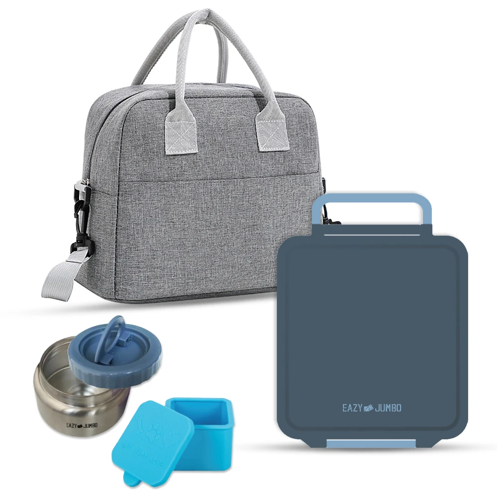 Eazy Kids Jumbo Bento Lunch Box with Lunch Bag, Thermos & Dip Jar - Grey