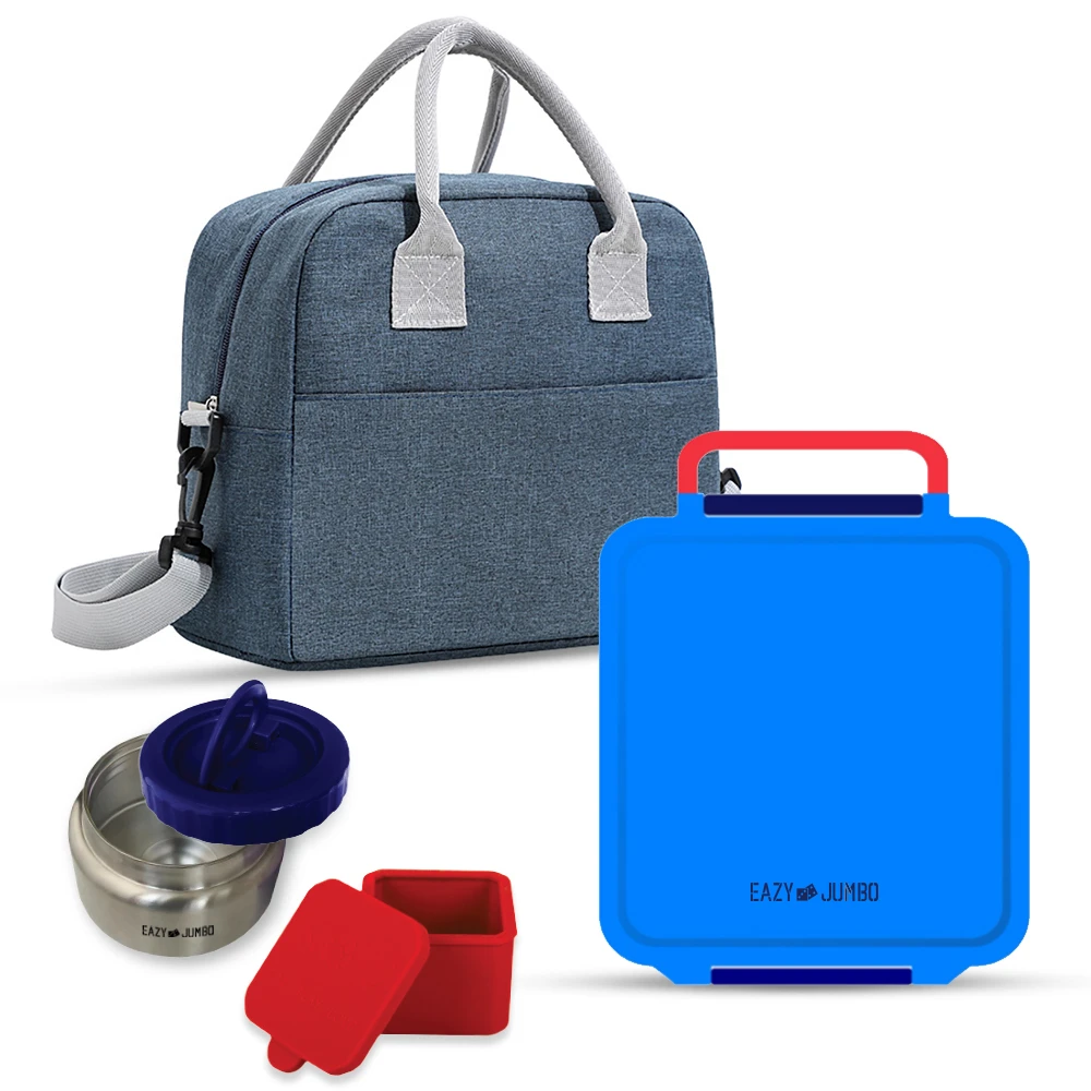 Eazy Kids Jumbo Bento Lunch Box with Lunch Bag, Thermos & Dip Jar - Blue