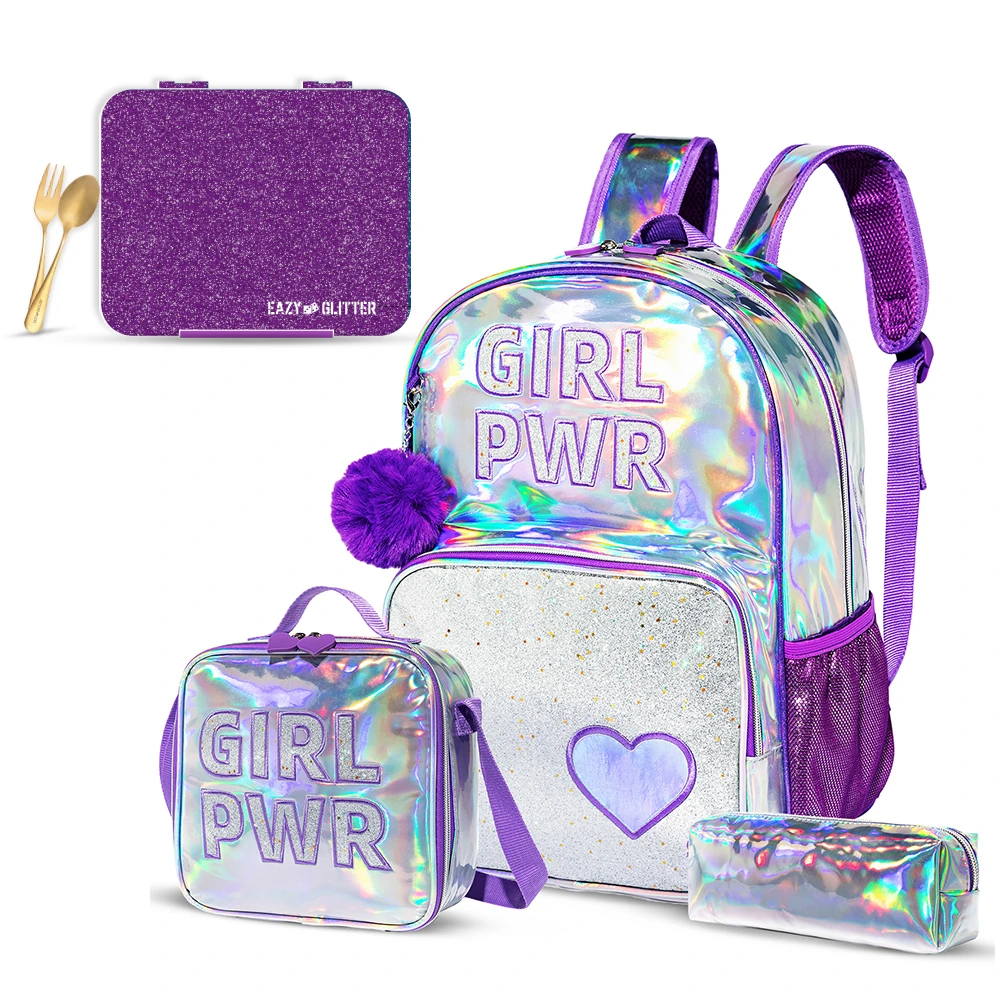 Eazy Kids 18Inch School Bag, Glitter Bento Box, Lunch Bag, Pencil Case, Set of 4 - Girl Power Purple