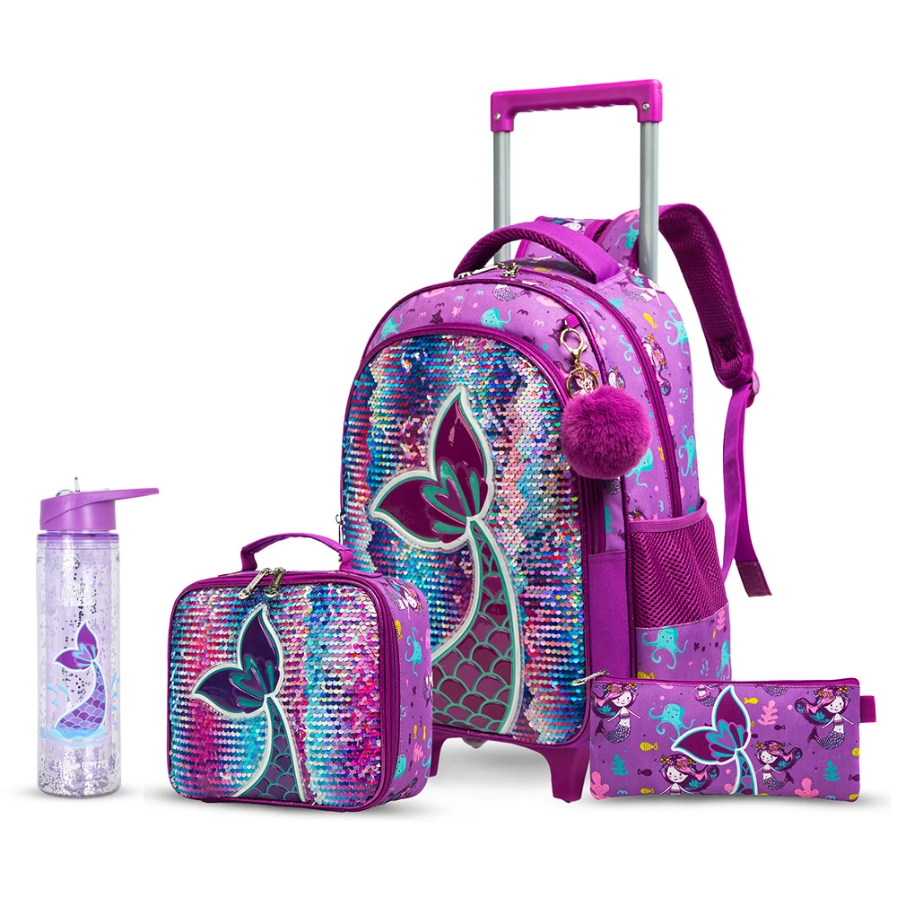 Eazy Kids 18" Set of 4 Trolley School Bag with Glitter 550ml Water Bottle, Lunch Bag & Pencil Case - Mermaid Purple