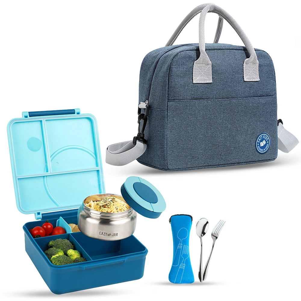Eazy Kids Jumbo Bento Lunch Box with Blue Lunch Bag, Food Jar and Cutlery - Blue