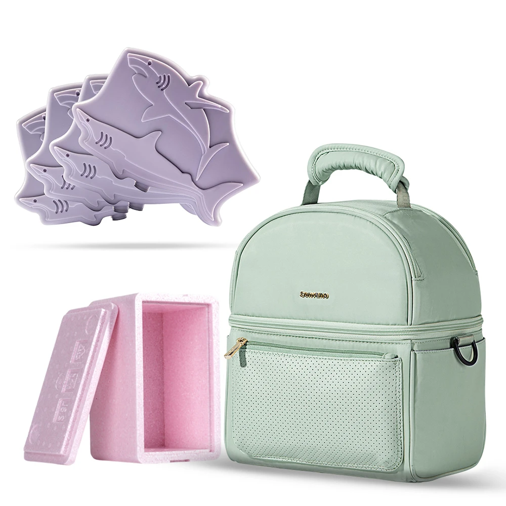 Sunveno Insulated Lunch Bag with Thermo Box & 4 Pcs Shark Ice Pack Set - Green