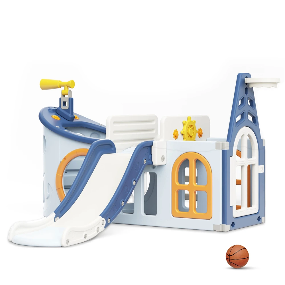 Little Story Boat House Activity Slide with Basketball Ring, Ball, Toy Storage & Telescope - Blue