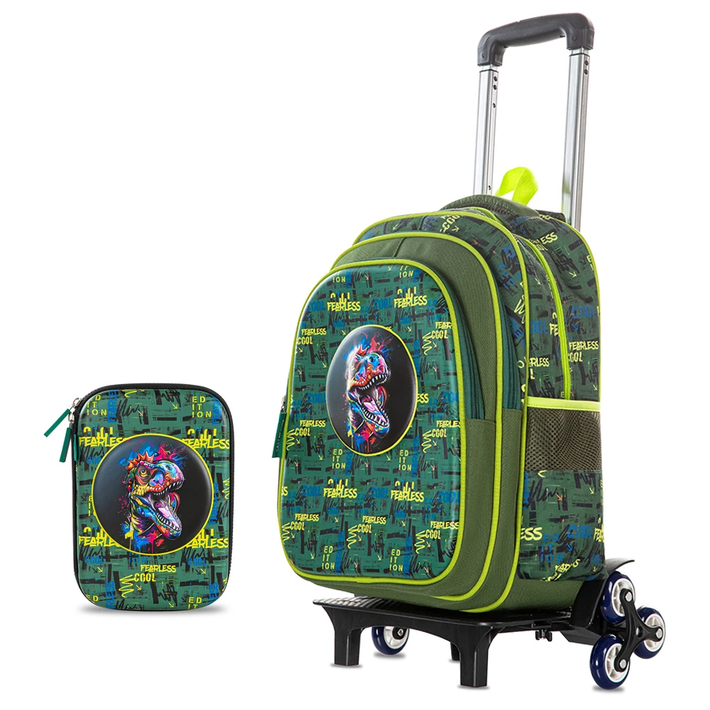 Eazy Kids 16" Trolley School Bag with Pencil Case - Dino Green