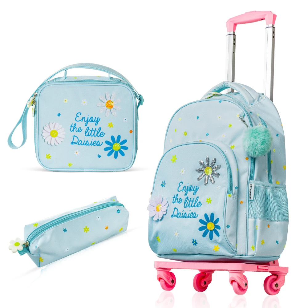 Eazy Kids 17" 4-Piece School Backpack with 4-Wheel Trolley, Lunch Bag & Pencil Pouch - Little Daisy Green