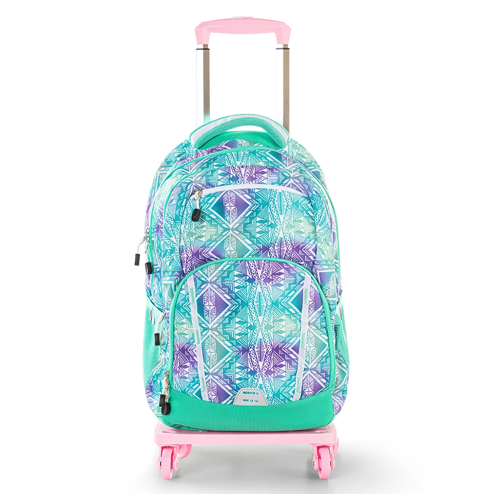 Eazy Kids 18" School Backpack with 4-Wheel Trolley - Geometrical Green