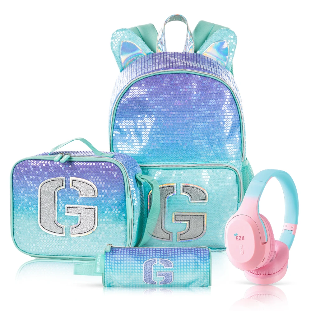 Eazy Kids 17" 4-Piece School Backpack with Bluetooth Headset, Lunch Bag & Pencil Case - Girl Glitter Green