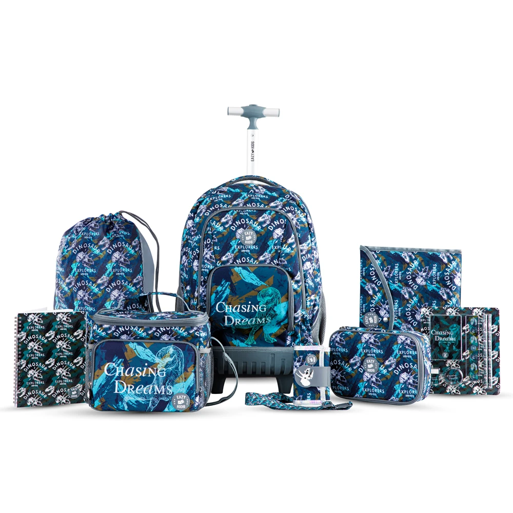 Eazy Kids 18" 8-Piece Trolley Backpack Set with Lunch Bag & Pencil Case - T-Rex