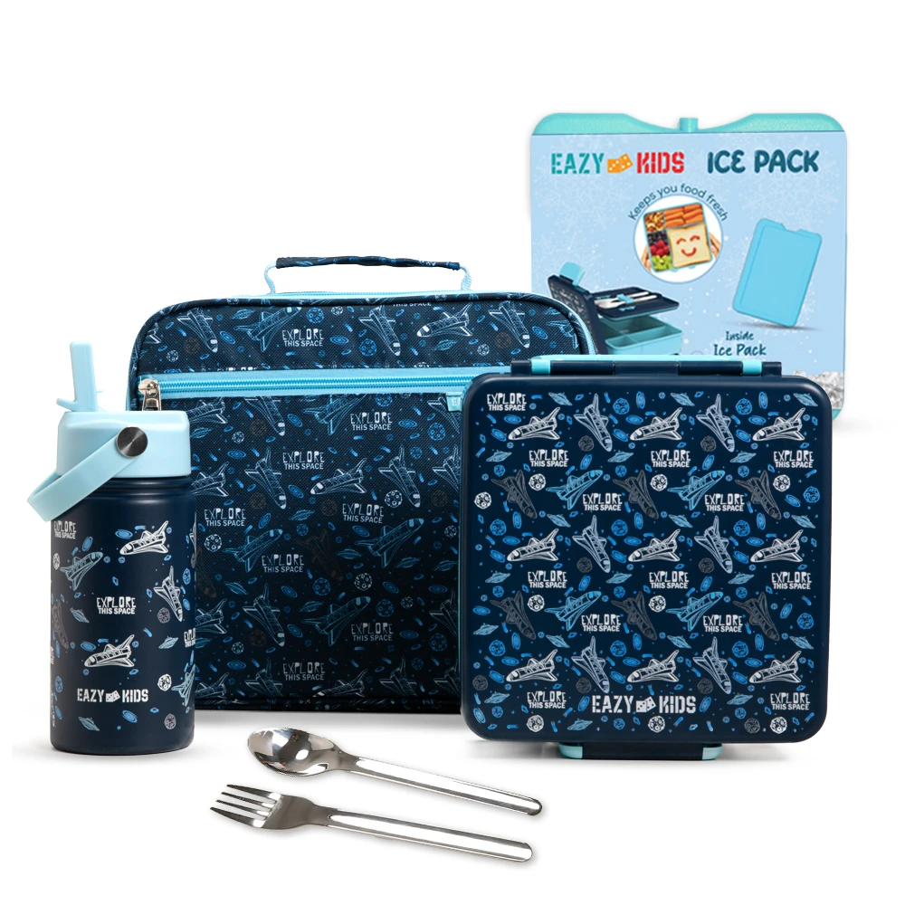 Eazy Kids Jumbo Bento Lunch Box with 360ml Steel Water Bottle, Spoon & Fork Set & Insulated Lunch Bag - Aircraft Blue