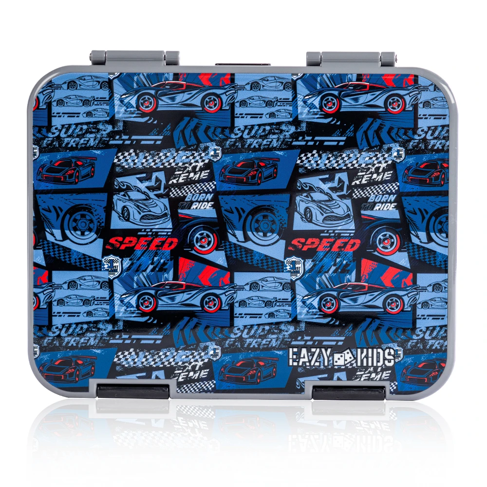 Eazy Kids 6 & 4 Convertible Bento Lunch Box with Steel Spoon & Fork Set & Alphabet Stickers - Car Racing Blue