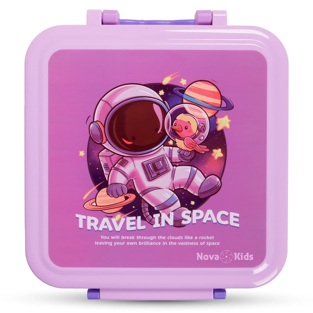 Nova Kids 3-Compartment Bento Lunch Box with Spoon & Fork Set and Stainless Steel Gravy Box - Astronaut Purple
