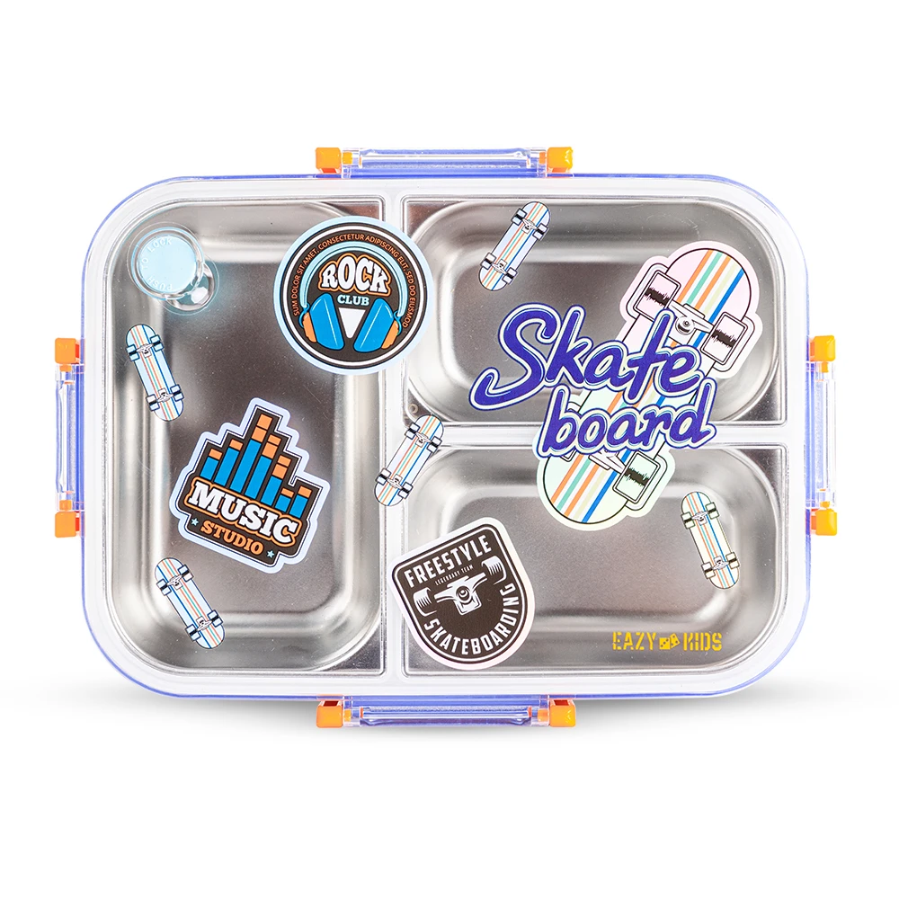 Eazy Kids 3-Compartment Stainless Steel Bento Lunch Box 800ml - Skate Board Purple