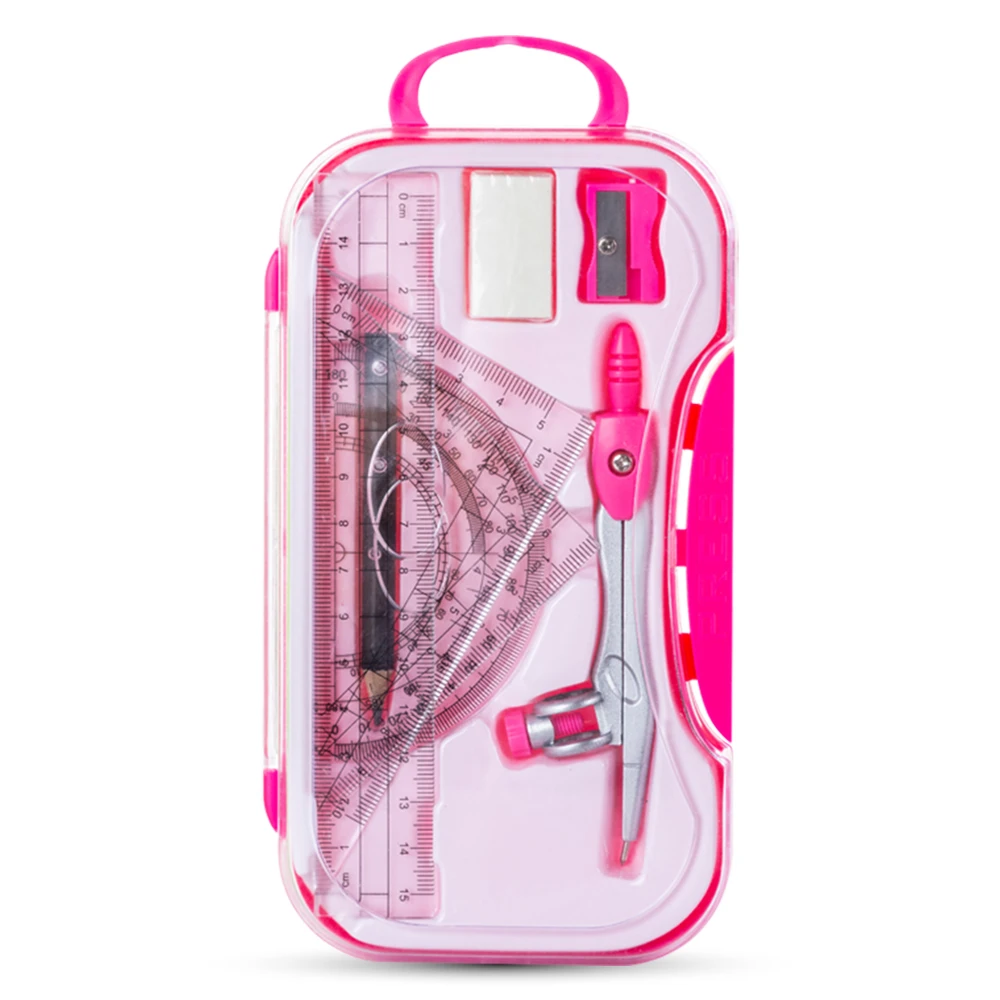 Eazy Kids 8-Piece Geometry Box Set – Compass, Ruler, Protractor – Pink