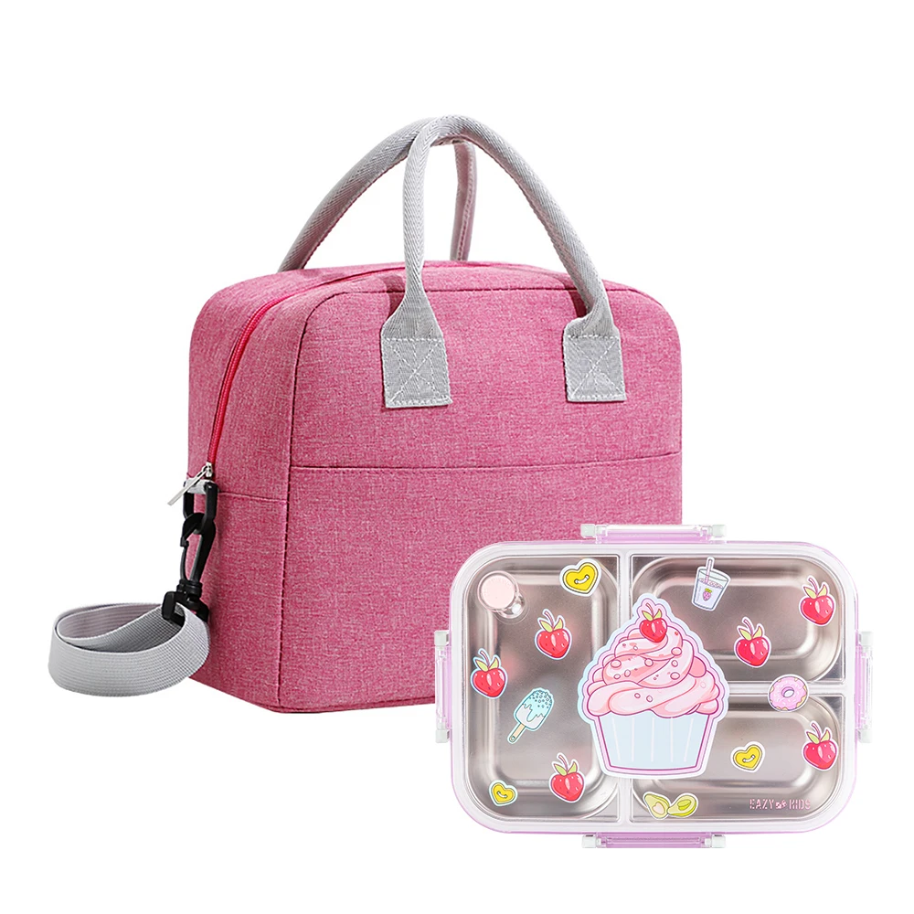 Eazy Kids 3-Compartment Stainless Steel Bento Lunch Box 800ml with Lunch Bag - Cup Cake Purple