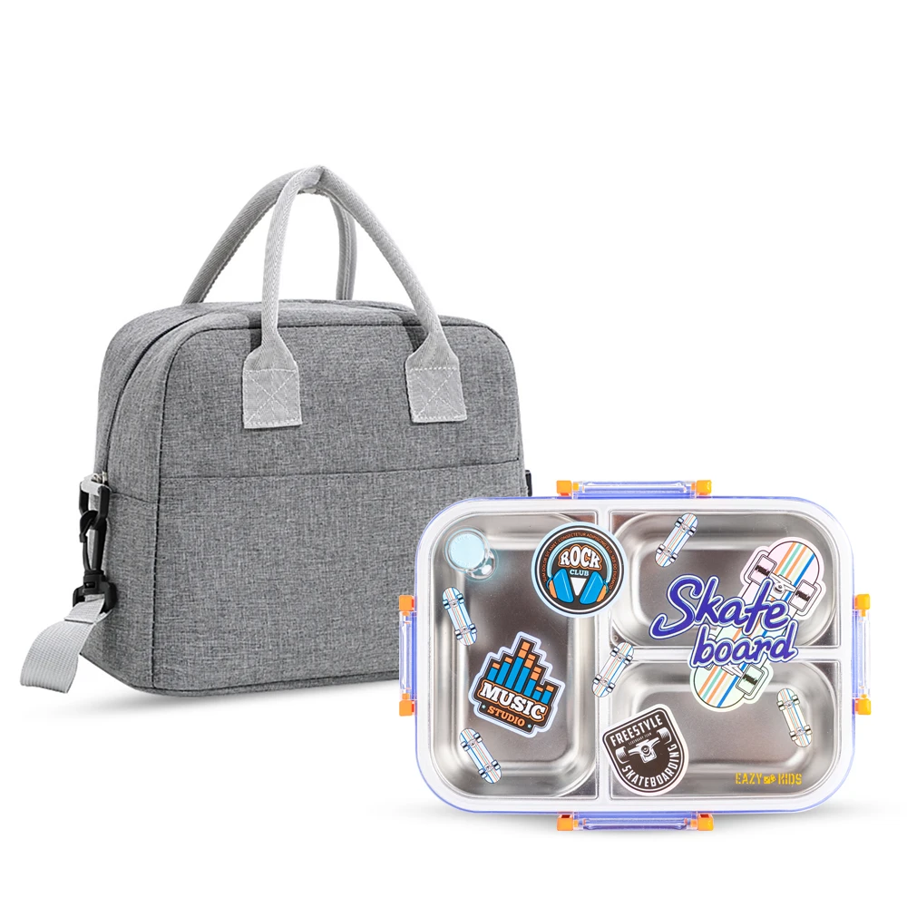 Eazy Kids 3-Compartment Stainless Steel Bento Lunch Box 800ml with Lunch Bag - Skate Board Purple