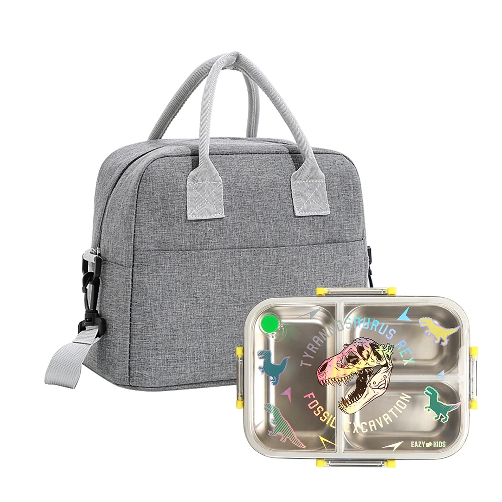 Eazy Kids 3-Compartment Stainless Steel Bento Lunch Box 800ml with Lunch Bag - T-Rex Purple