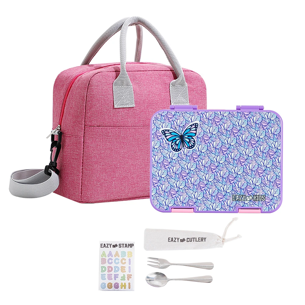 Eazy Kids 6 & 4 Convertible Bento Lunch Box with Lunch Bag, Steel Spoon & Fork & Alphabet Stickers - Butterfly Purple