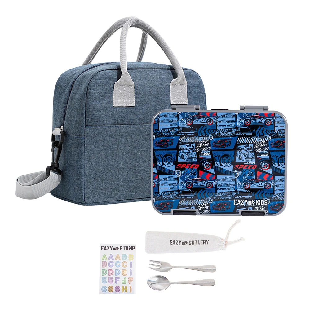 Eazy Kids 6 & 4 Convertible Bento Lunch Box with Lunch Bag, Steel Spoon & Fork & Alphabet Stickers - Car Racing Blue