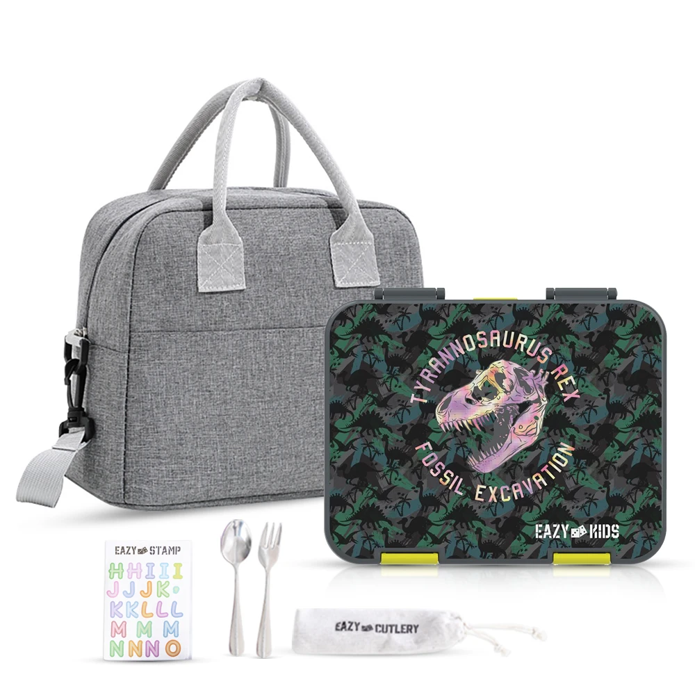 Eazy Kids 6 & 4 Convertible Bento Lunch Box with Lunch Bag, Steel Spoon & Fork & Alphabet Stickers - T-Rex Dino Grey