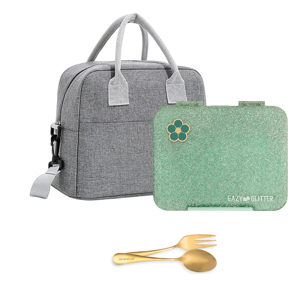 Eazy Kids 6 & 4 Convertible Bento Lunch Box with Lunch Bag - Glitter Green