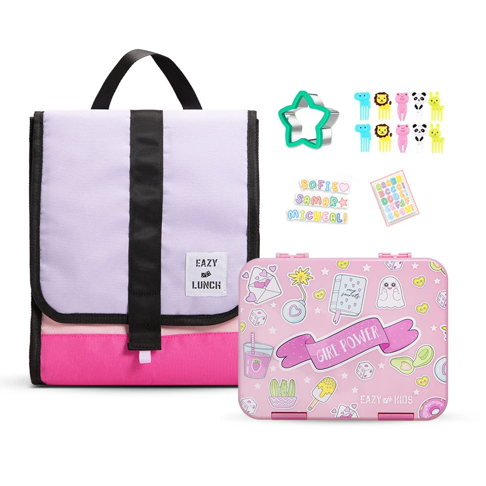 Eazy Kids 5 & 4 Convertible Bento Lunch Box with Lunch Bag & Sandwich Cutter Set - Girl Power