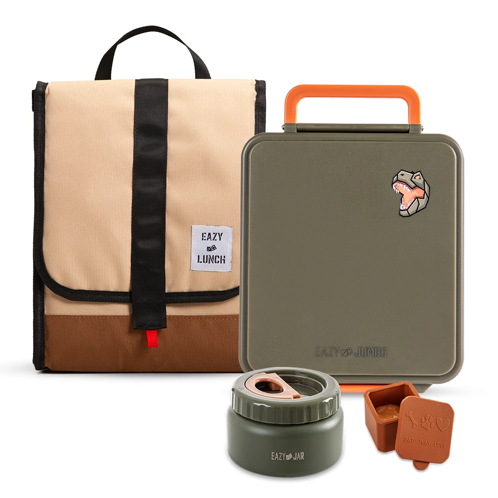 Eazy Kids Jumbo Bento Lunch Box with Lunch Bag, Thermos & Dip Jar - Green