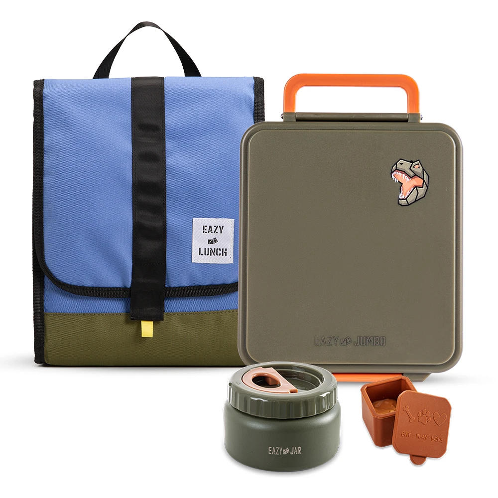 Eazy Kids Jumbo Bento Lunch Box with Lunch Bag, Thermos & Dip Jar - Green