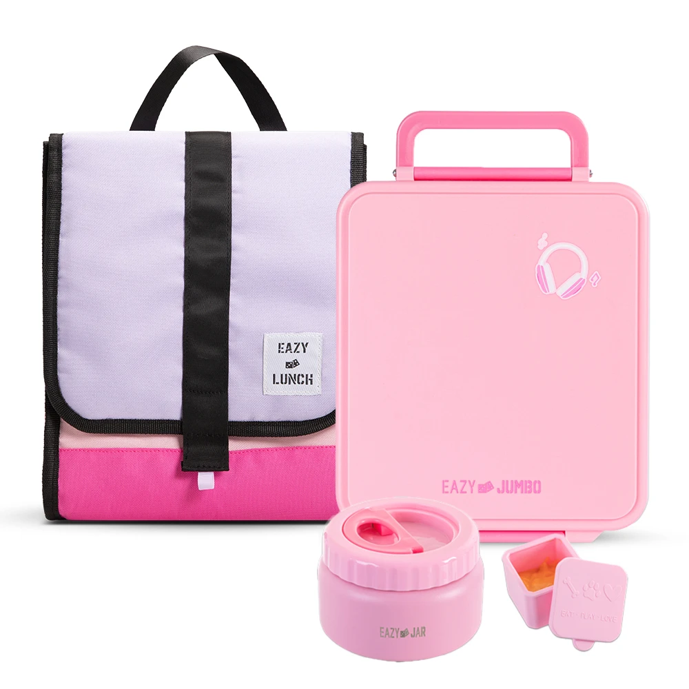 Eazy Kids Jumbo Bento Lunch Box with Lunch Bag, Thermos & Dip Jar - Pink