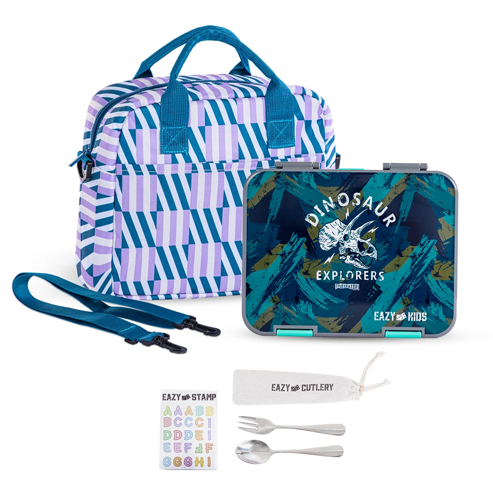 Eazy Kids 6 & 4 Convertible Bento Lunch Box with Lunch Bag, Steel Cutlery & Alphabet Stickers – T-Rex Grey