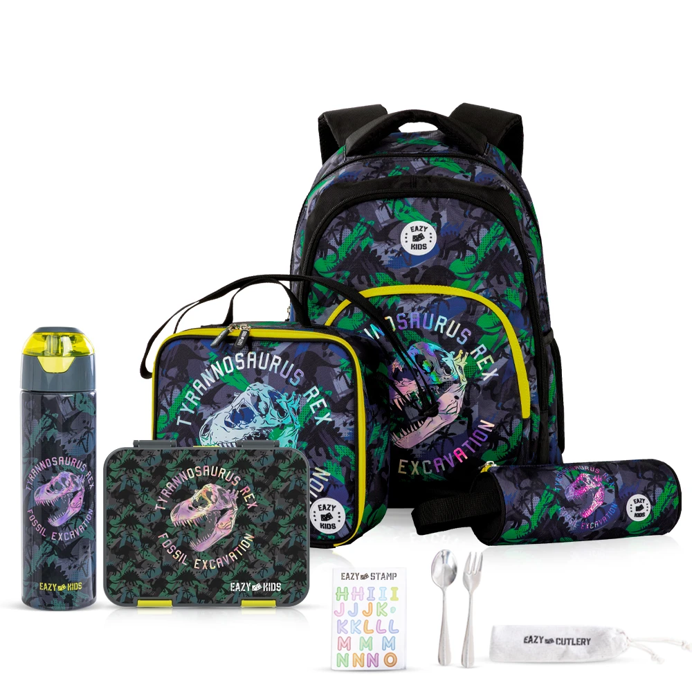 Eazy Kids 17" Set of 5 Backpack w/ Water Bottle, Lunch Box, Lunch Bag and Pencil Case - T-Rex