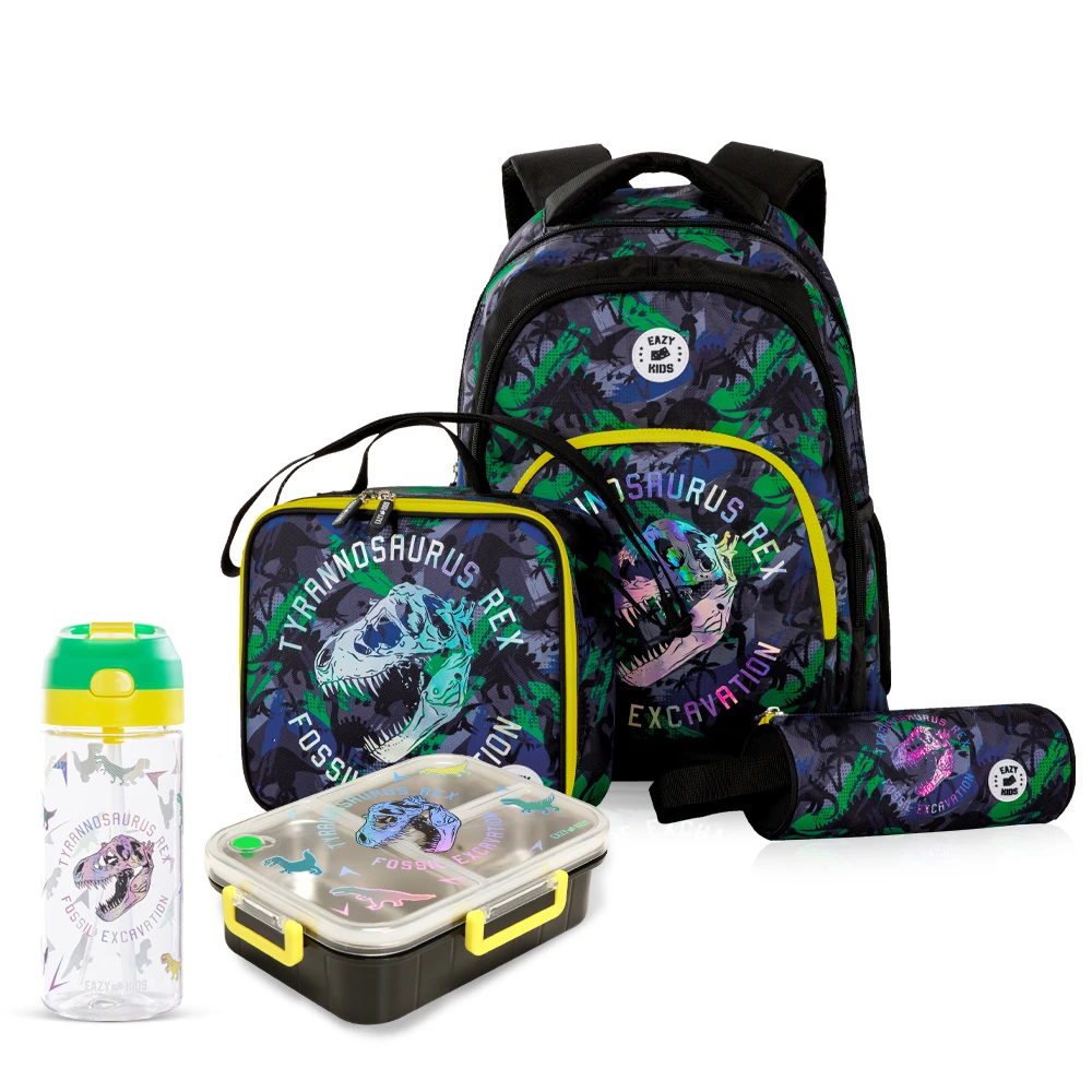 Eazy Kids 17" Set of 5 Backpack w/ Water Bottle, Lunch Box, Lunch Bag and Pencil Case - T-Rex